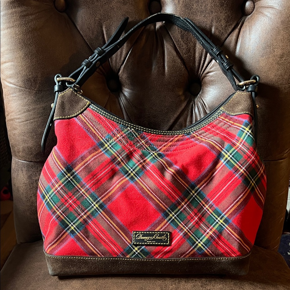 Dooney & Bourke Red and Brown Plaid Hobo Bag